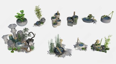 新中式石磨水景景观小品3D模型下载
